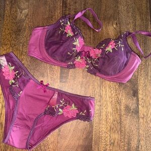 Elegant Floral Embroidered Lingerie Set in Purple and Pink